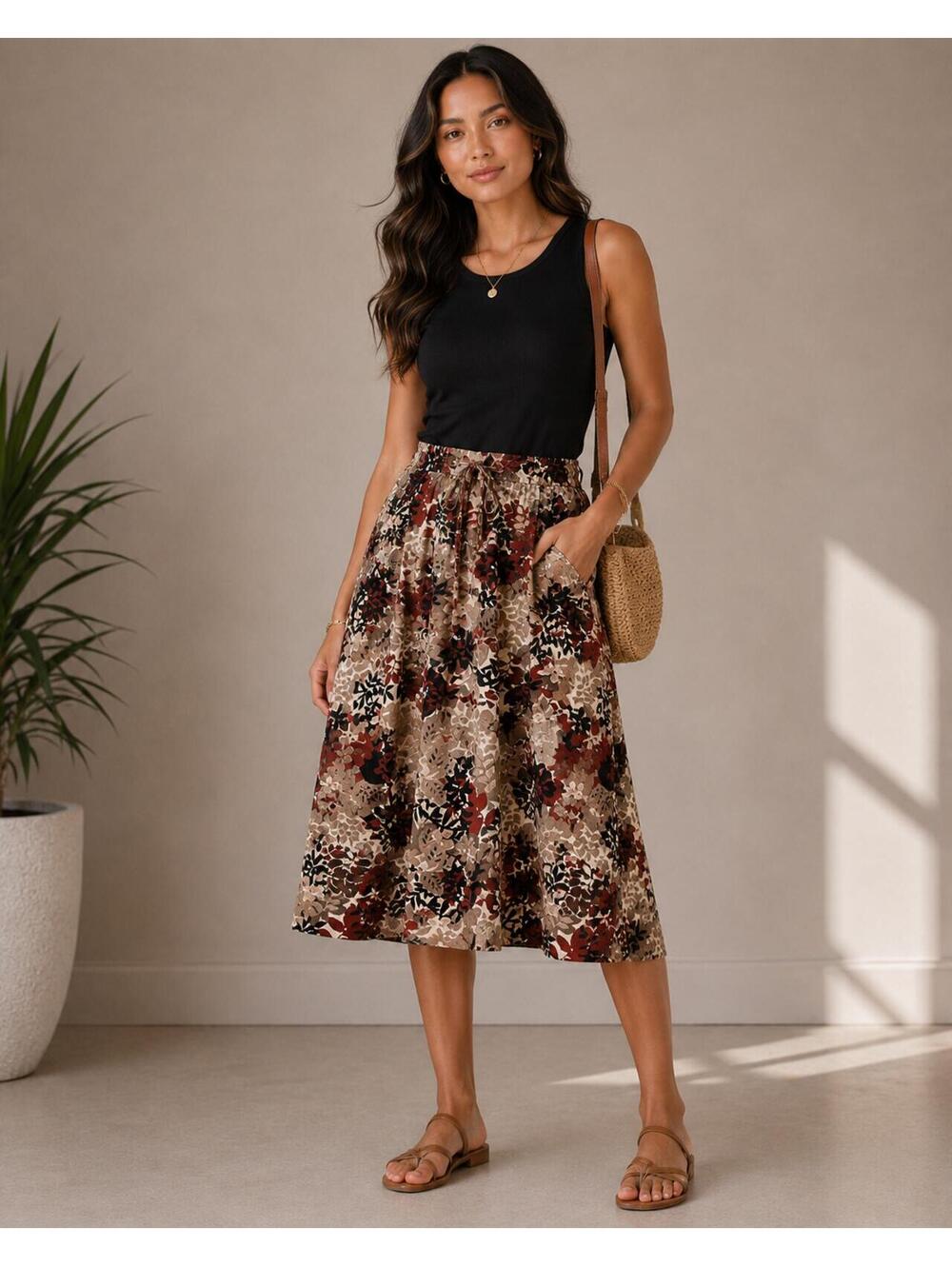 Sag Harbor Floral Pattern Midi Skirt with Elastic Waist